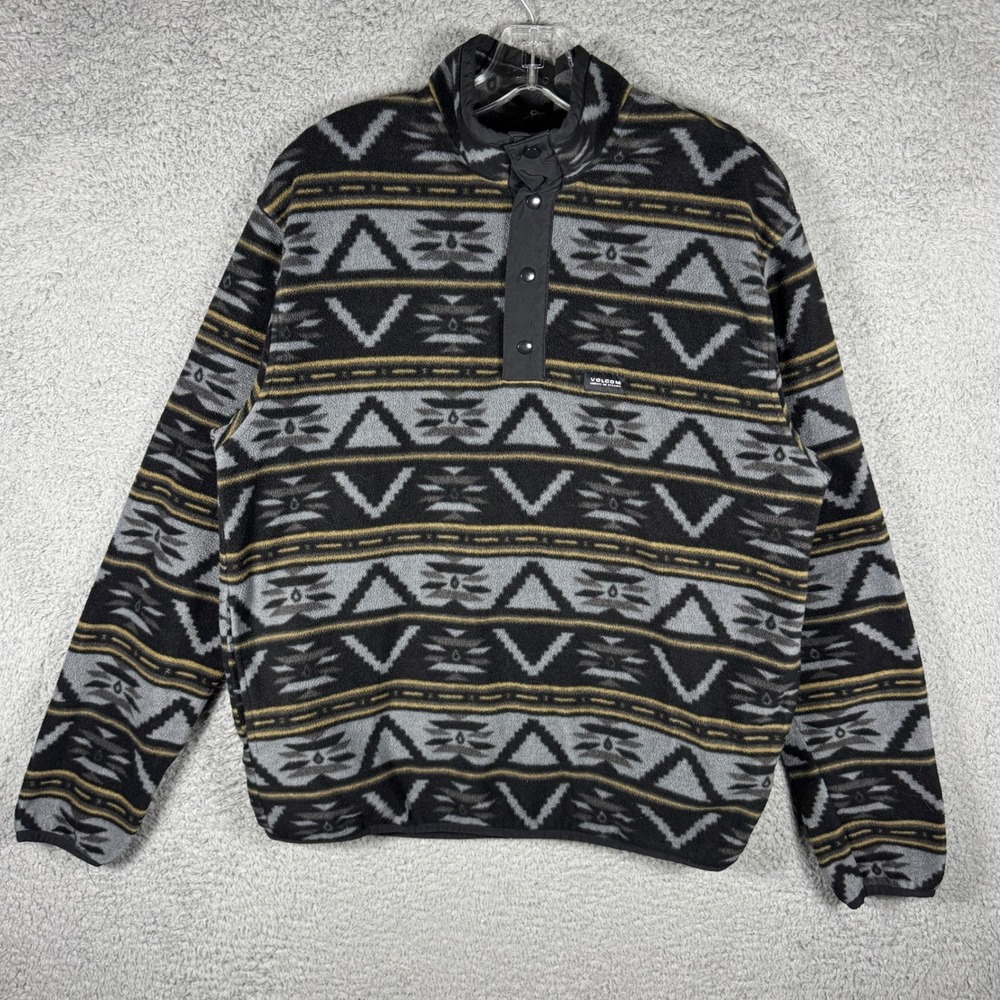 Volcom Mens Fleece Pullover Southwestern Geometric Snap Mock Neck Black Small